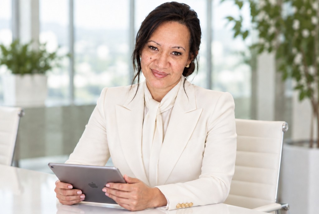 Jane Henry in a white blazer, seated at her desk with a tablet