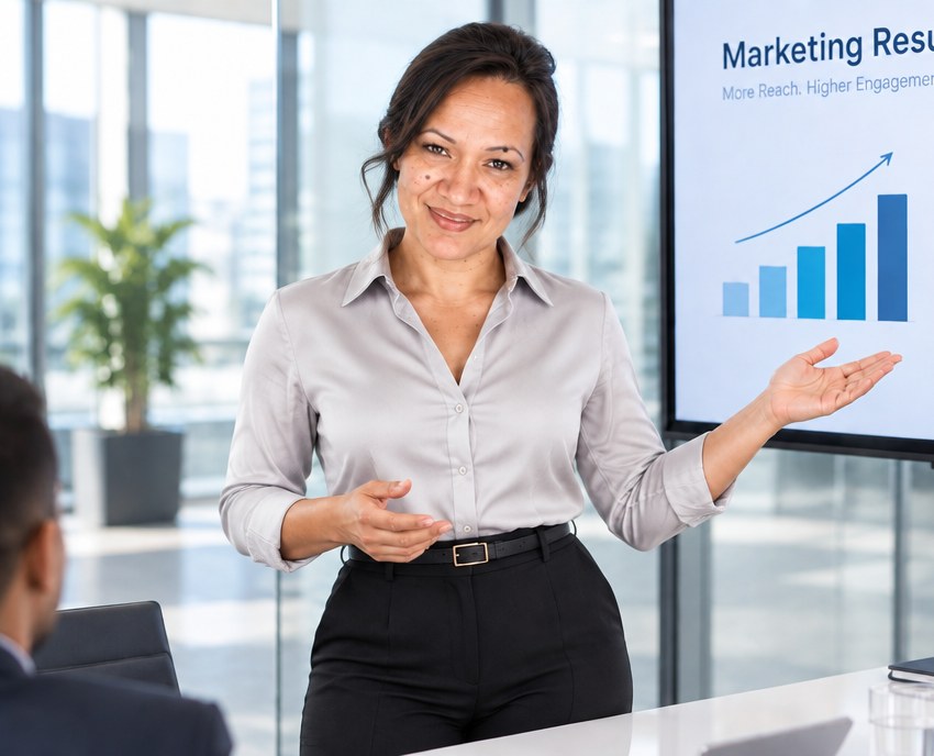 Jane presenting a marketing plan